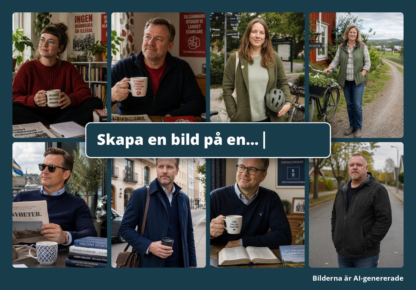 Kollage med AI-genererade porträtt som visar stereotyper utifrån politiska partier.