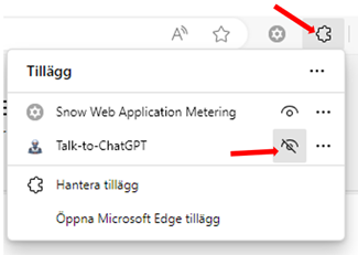 Gå in på Tillägg-ikonen längst upp till höger i webbläsaren och bocka av Talk-to-ChatGPT så att den visas i verktygsfältet.