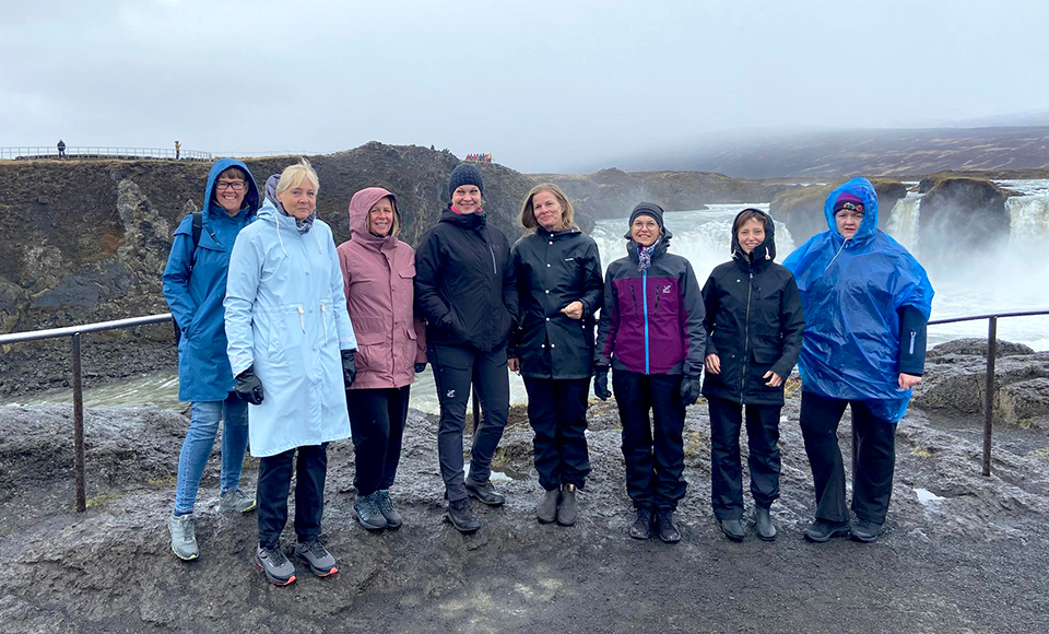 Gruppbild på deltagande lärare från Ribbaskolan. De står vid ett vattenfall på Island.