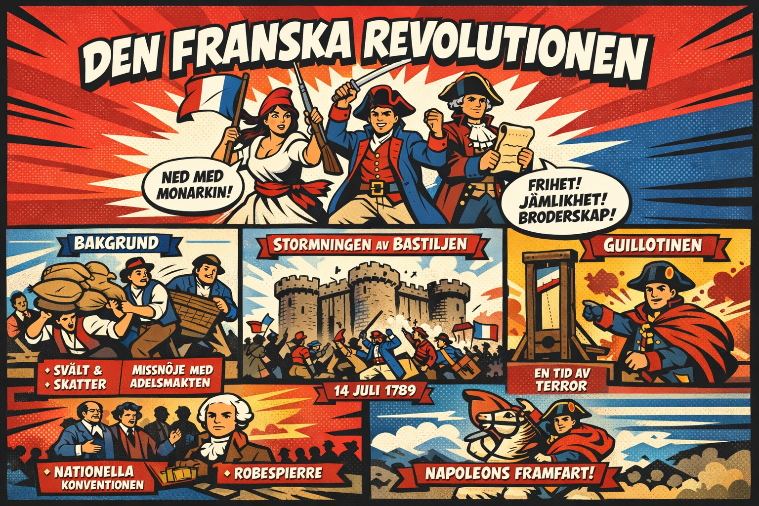 Informationsgrafik om franska revolutionen i klassisk äventyrsserie-stil.