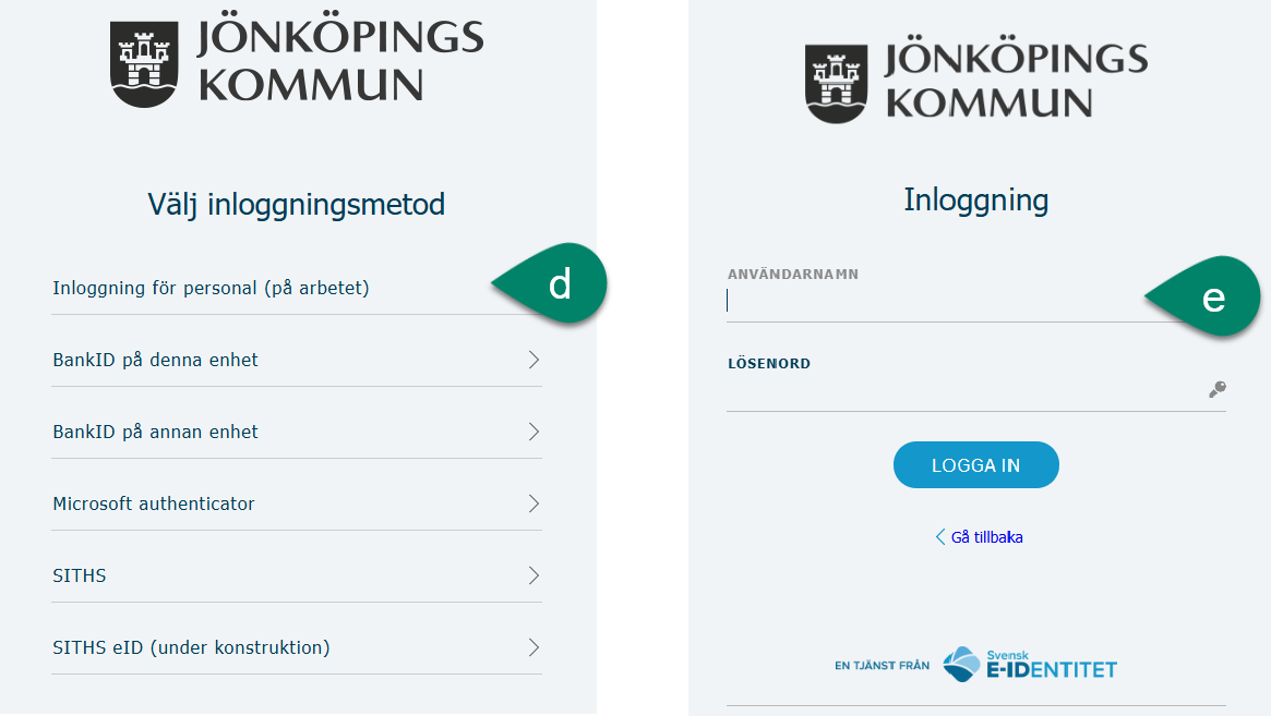 Klicka på Inloggning för personal och skriv sedan in ditt användarnamn och lösenord