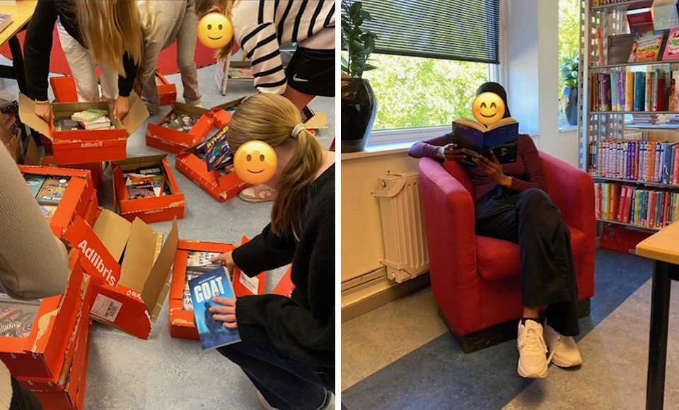 Barn packar upp böcker ur kartonger. En elev sitter och läser i en fåtölj.