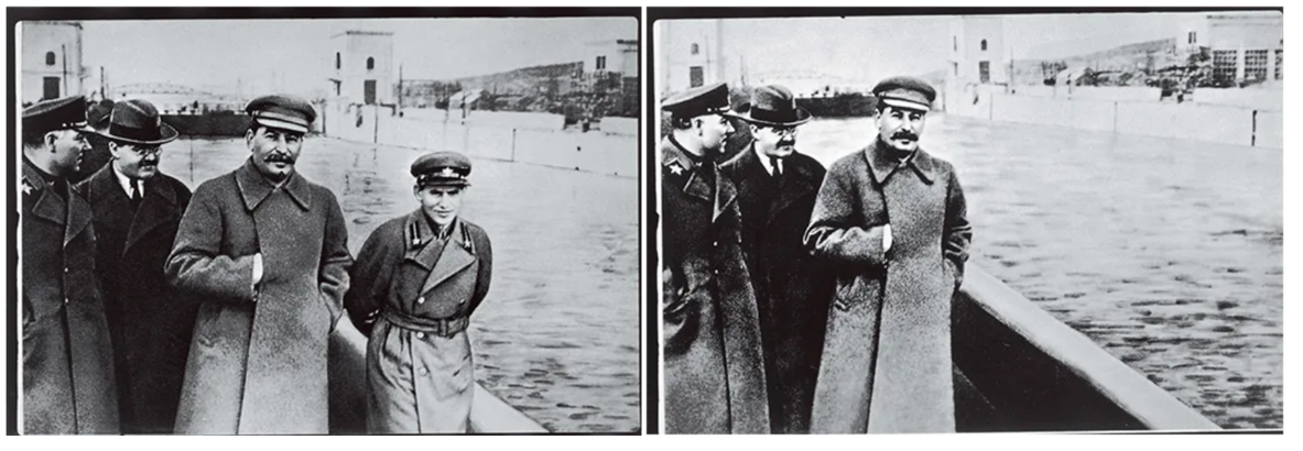 Bild som visar hur Stalin har retuscherat bort Nikolai Yezhov