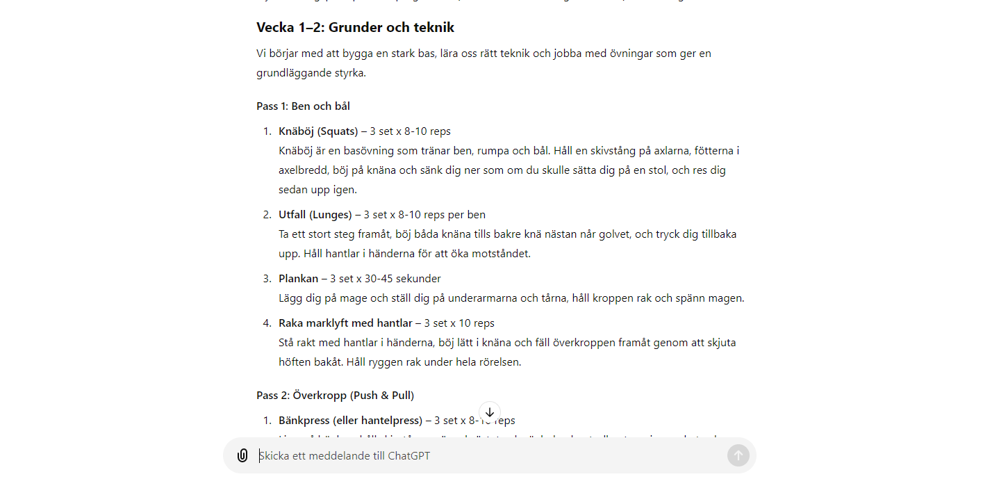 Bild som visar svar från chattbot: träningsprogram för styrkelyftning