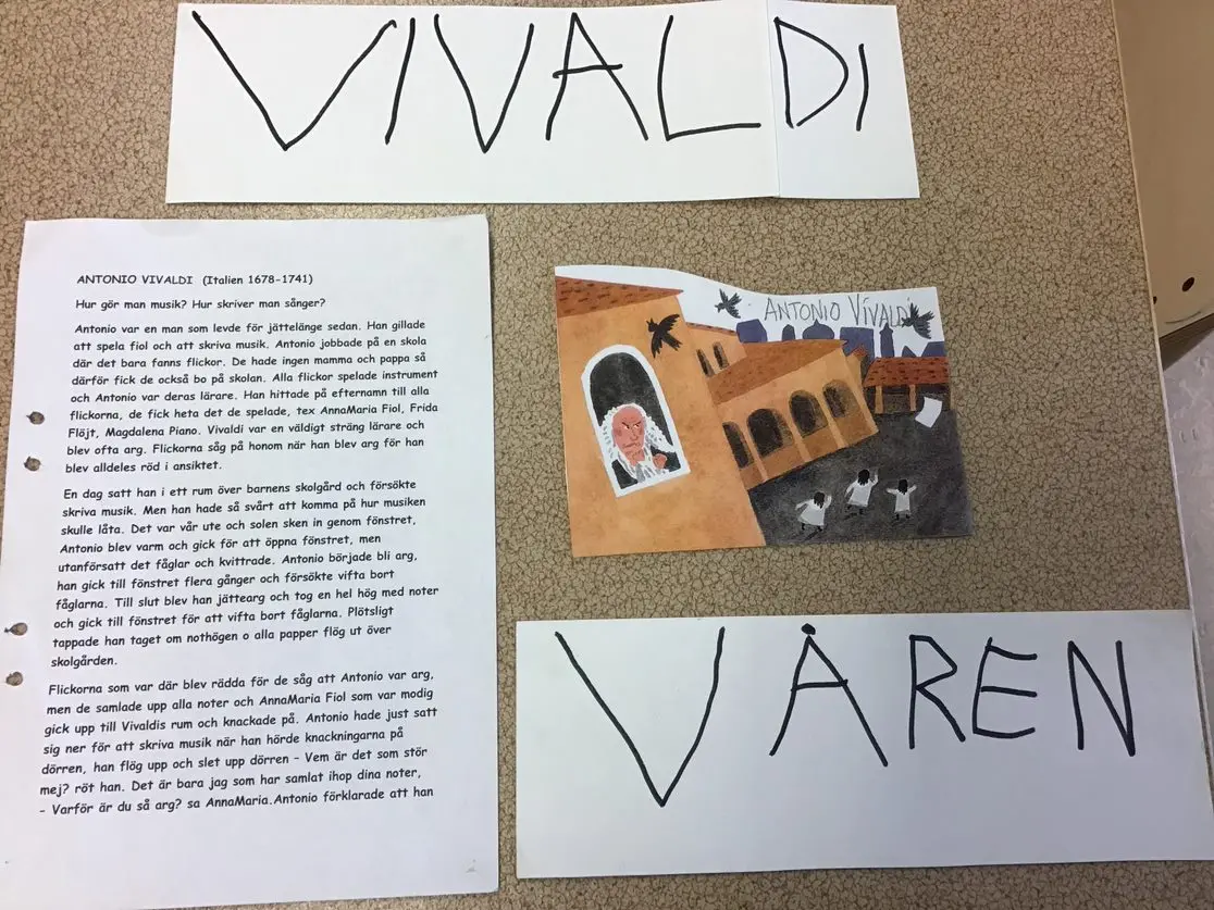 Ett papper med text och berättelsen om Vivaldi. Bredvid ligger en teckning som föreställer en arg Vivaldi i ett fönster.