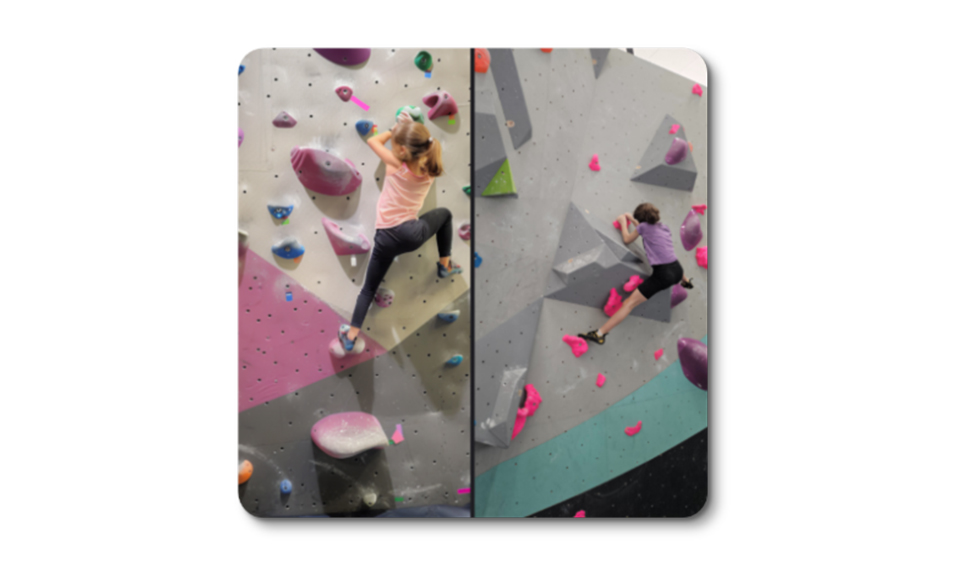 Två bilder på en tjej som klättrar på en klättervägg.