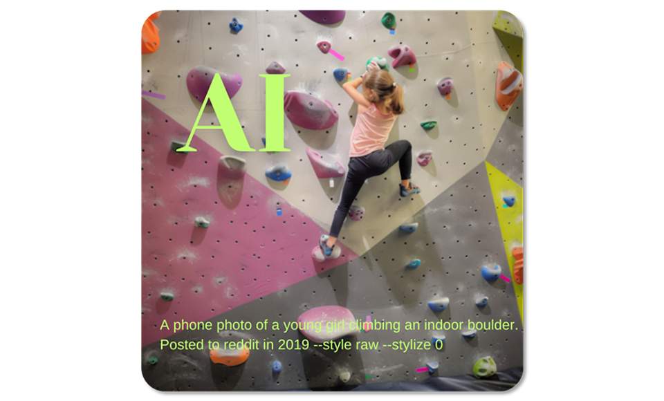 AI-genererad bild på en tjej som klättrar på en klättervägg.