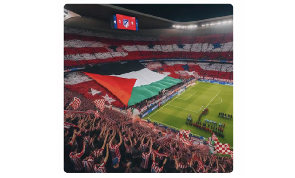 Bilden, som är AI-genererad, föreställer Atheltico Madrid supportrar som håller upp en Palestinaflagga.