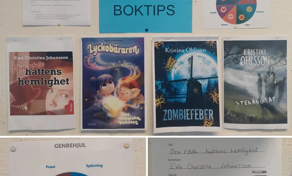 Texten "Boktips" och bilder på böcker.