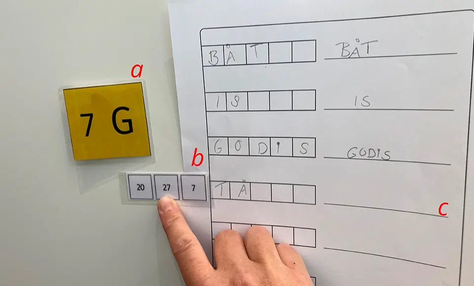 En hand pekar på siffror under en skylt med '7 G' bredvid ett papper med ifyllda ord som BÅT, IS och GODIS.