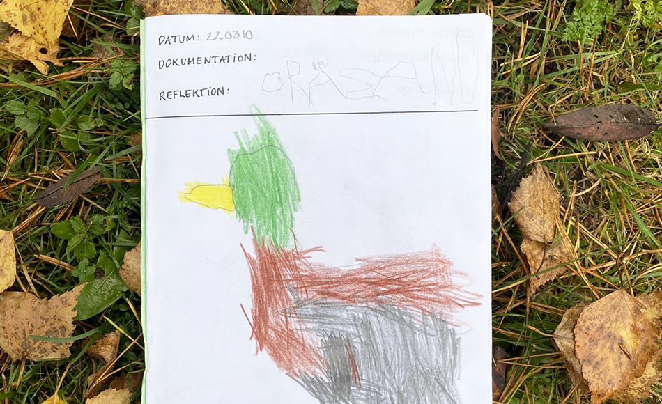 Foto på insida i reflektionsboken. Sidan visar att barnet har skrivit datum, gräsand och målat en bild av en gräsand.