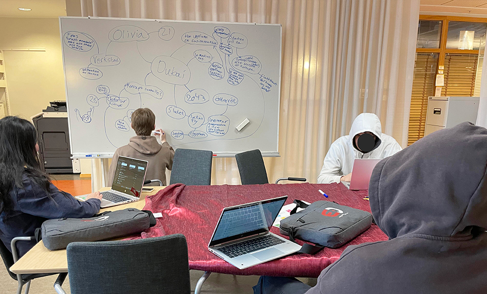 Fyra personer sitter runt ett bord med bärbara datorer och ryggsäckar ovanpå en röd duk. I bakgrunden står en whiteboard fylld med handskrivna ord och cirklar som bildar ett tankekarta med namn som ”Olivia” och ”Oukai” samt olika relaterade begrepp. Miljön ser ut som ett klassrum eller en arbetsyta med gardiner och glaspartier i bakgrunden.