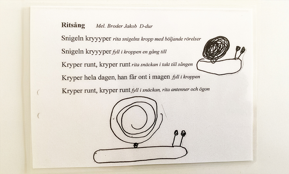Papper med texten till ritsången ”Snigeln kryper” och enkla teckningar av en snigel i olika former.