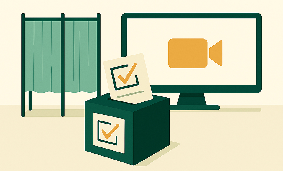 Illustration av ett valbås, en valurna med röstsedel och en datorskärm med videokameraikon som symboliserar ett digitalt webbinarium om demokrati och val.