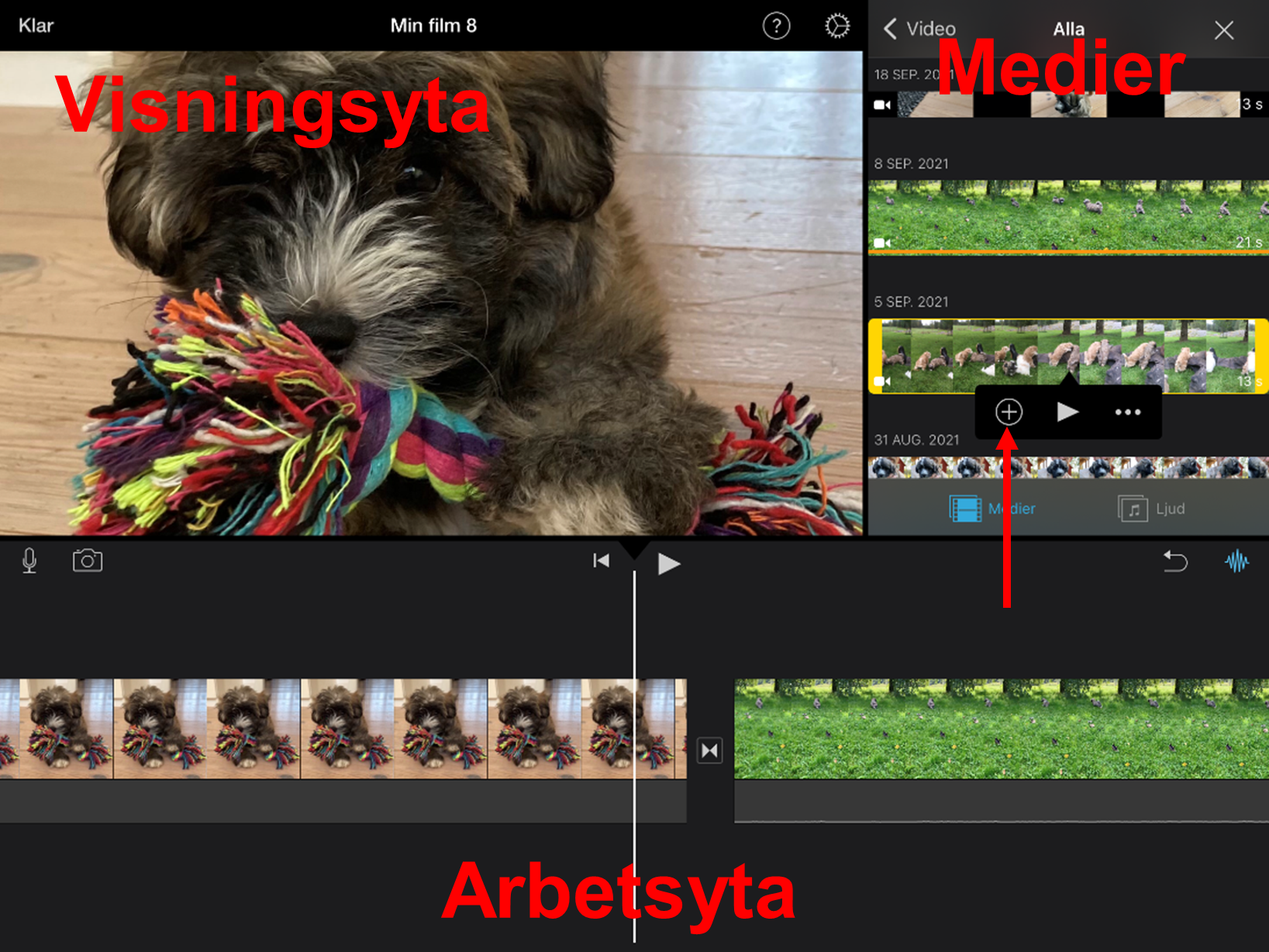 Bild som visar arbetsyta, visningsyta samt medier i ett pågående iMovie-projekt