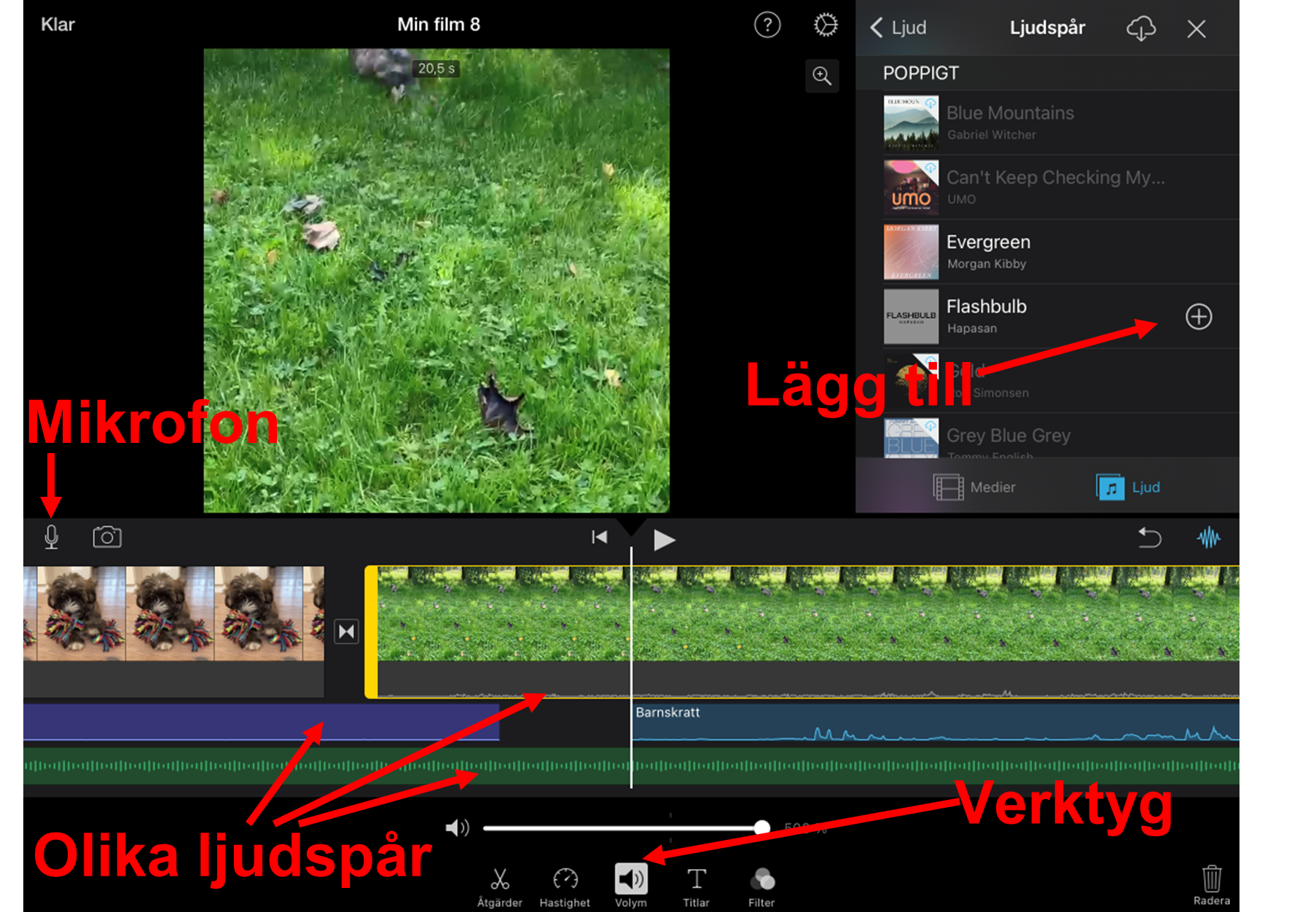 Bild som visar ljudspår, mikrofon och verktyg i ett öppet iMovie-projekt