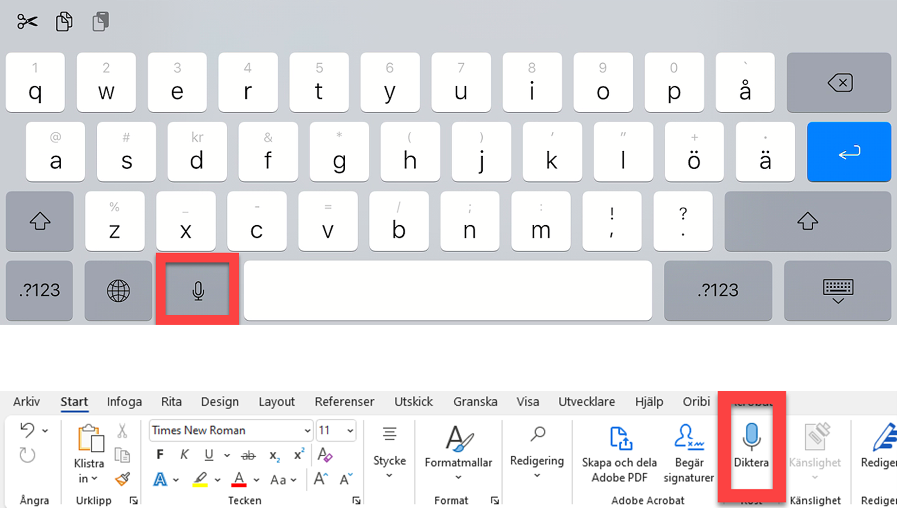 Bild som visar var dikteringsknapparna i worp och på en iPad finns