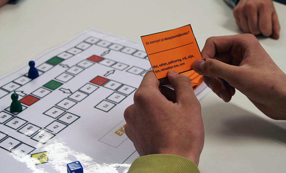 Bild på händer som håller i ett spelkort där det står: Ge exempel på ekosystemtjänster.
