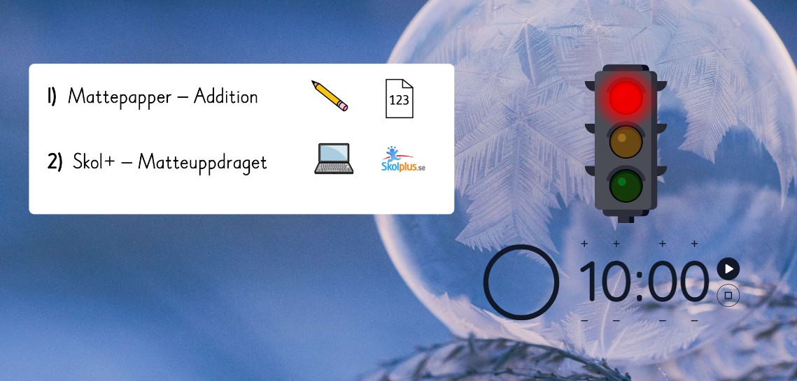 Illustration av startuppgift. Det står 1. Mattepapper och addition och 2. Skol+ och matteuppdraget