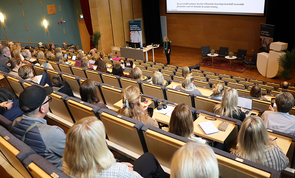 Personer som man ser bakifrån sitter i en aula och lyssnar på ett föredrag.