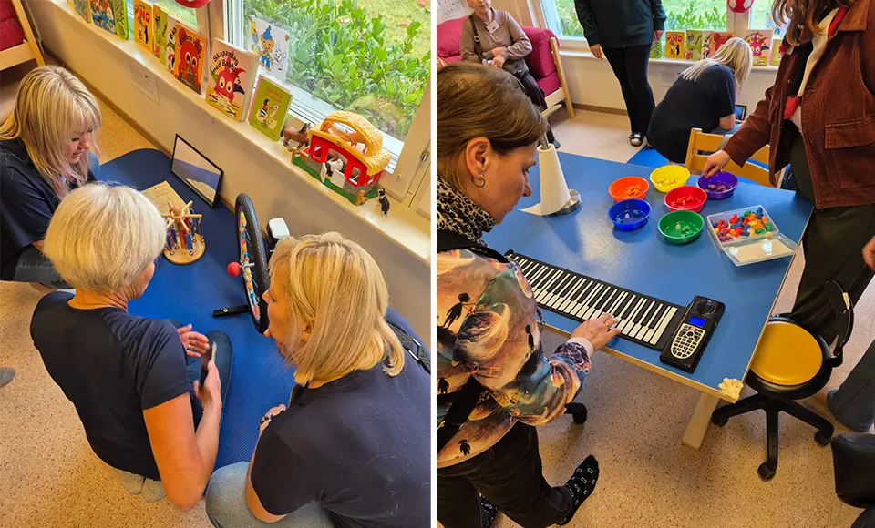 Personer som samlats för att titta på material som används i verksamheten på avdelningen Humlan.