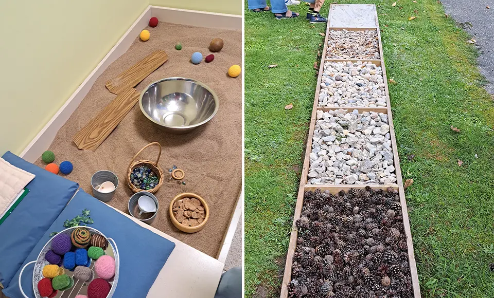 En låda med sand och olika lekmaterial som används till sandterapi samt bäddar med olika material i, bla kottar, stenar och sand.