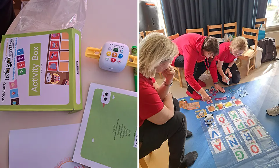 Bild på ett kit för programmering för små barn samt en bild där tre vuxna sitter på golvet och utforskar programmering.