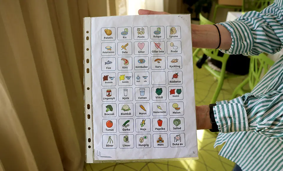 Laminerat bildstöd med ikoner och ord för mat, dryck och handlingar som lyssna, prata, hungrig och mätt.
